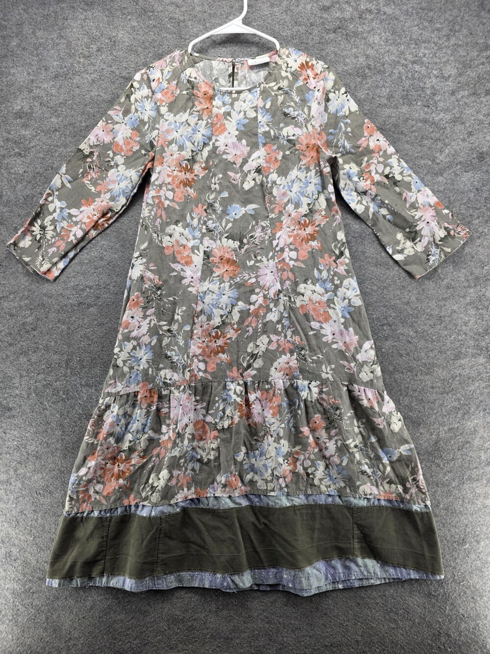 J Jill Love Linen Dress Womens Medium Gray Floral Long Sleeve Pockets Boho Maxi